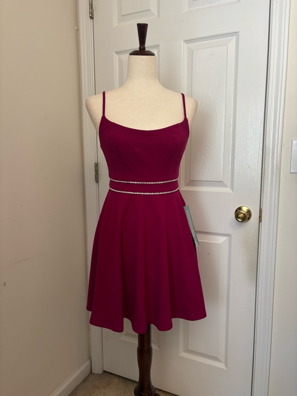 B. Smart Magenta Spaghetti-Strap Fit & Flare Dress with Rhinestone Waistband